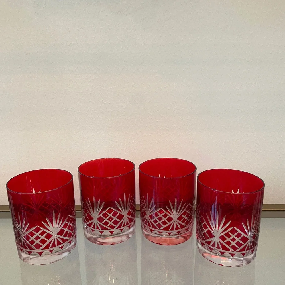 Set of 4 RED Double Old Fashioned Glasses Luxe Christmas Holiday Barware NEW